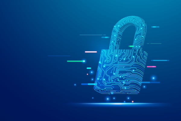 concept of cyber security or programming firewall, graphic of electronic padlock with futuristic cyberspace element